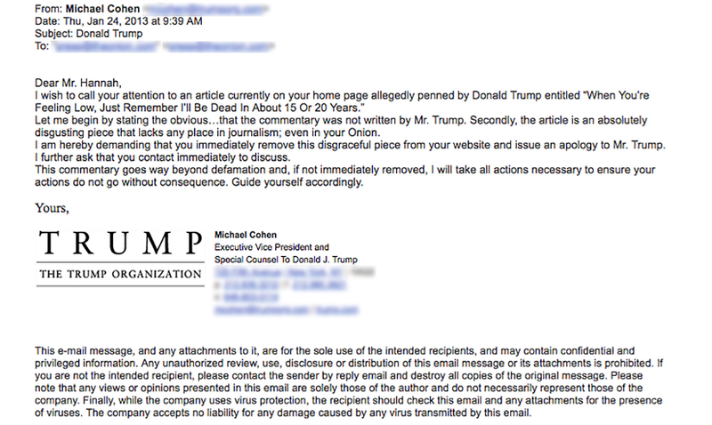 Illustration for article titled ‘The Onion’ Has Finally Read Michael Cohen’s 2013 Email Regarding His Client Donald Trump And Would Like To Discuss The Matter Further At His Convenience